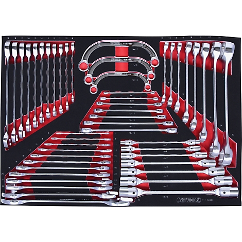 Werkzeugkoffer mit verschiedenen Schraubenschlüsseln, angeordnet in roten Einsätzen auf schwarzem Grund.